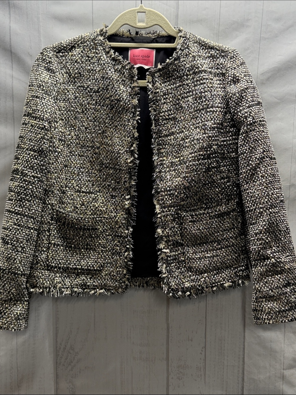 Kate Spade New York Metallic Sparkle Party Tweed Fringe Trim Open Front Jacket